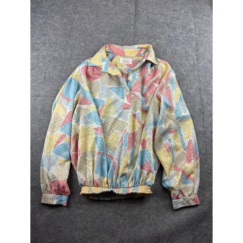 VTG 80s Da-Rue Of California Satin Collared Blouse Pastel Geo Women's 14? Retro